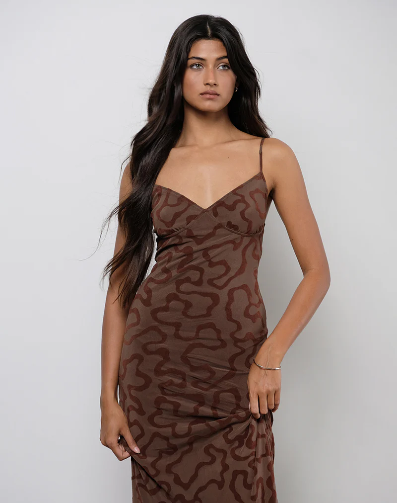 Kalana Maxi Dress in Brown Swirl Flock