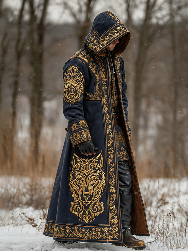 Men's Viking Celtic Knot With Wolf Pattern Hooded Kaftan Cloak Jacket