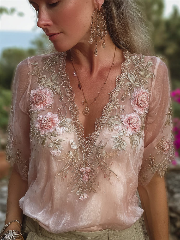 Vintage Boho Roses Embroidered Lace Flowy Linen Tunic