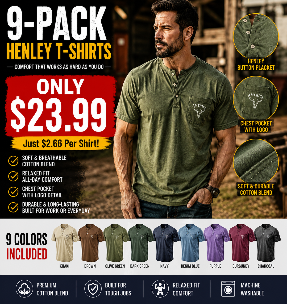 Men's Washed Cotton Short-Sleeve Henley Collar T-Shirt (Upgraded Version)
