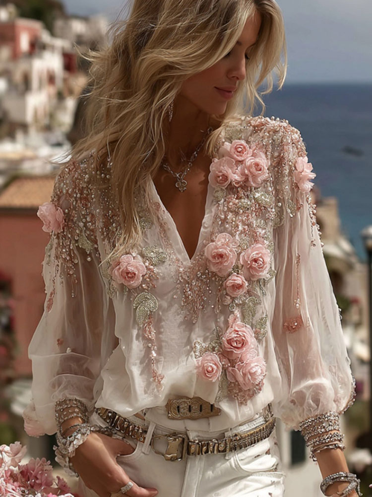 Women's Floral Embroidery Long-sleeved Linen Blend T-shirt