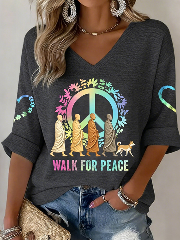 V-neck Retro Walk For Peace Monks With Aloka Dog Print T-shirt