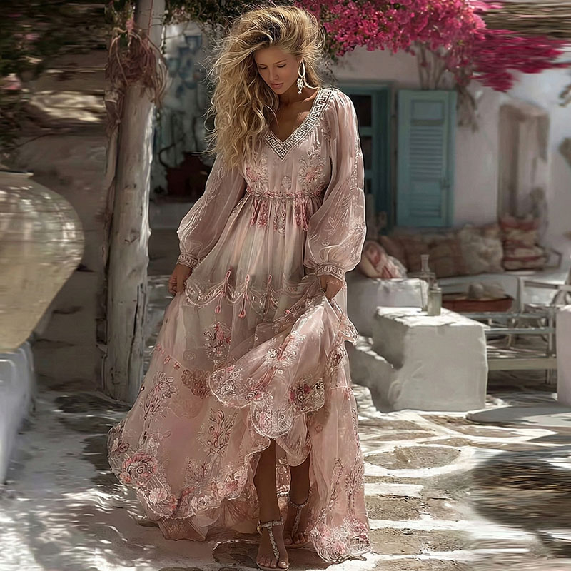 Women's Greece Vacation Greek Key With Floral Print Dress