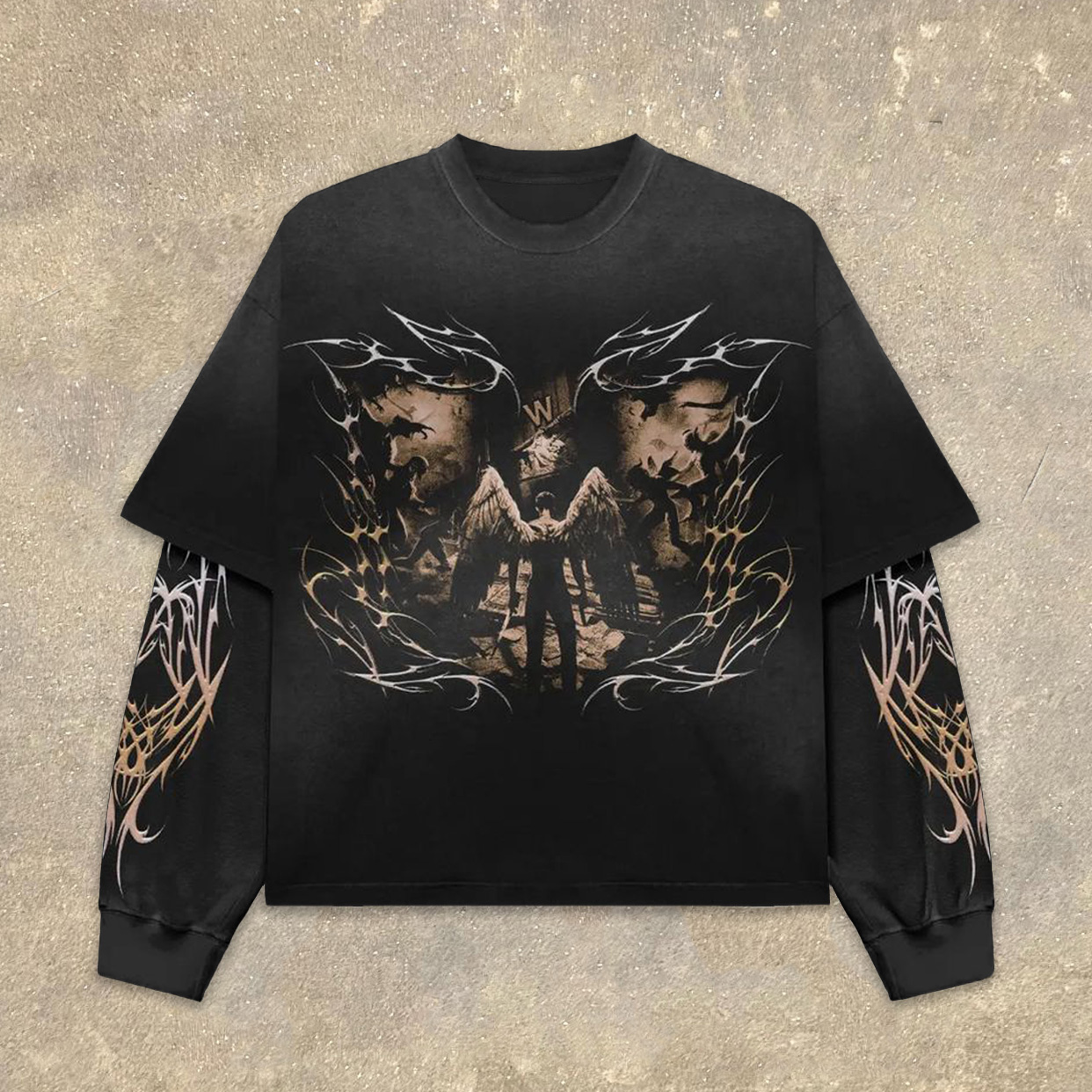 Fake Two Man With Wings Print Long Sleeve T-Shirt