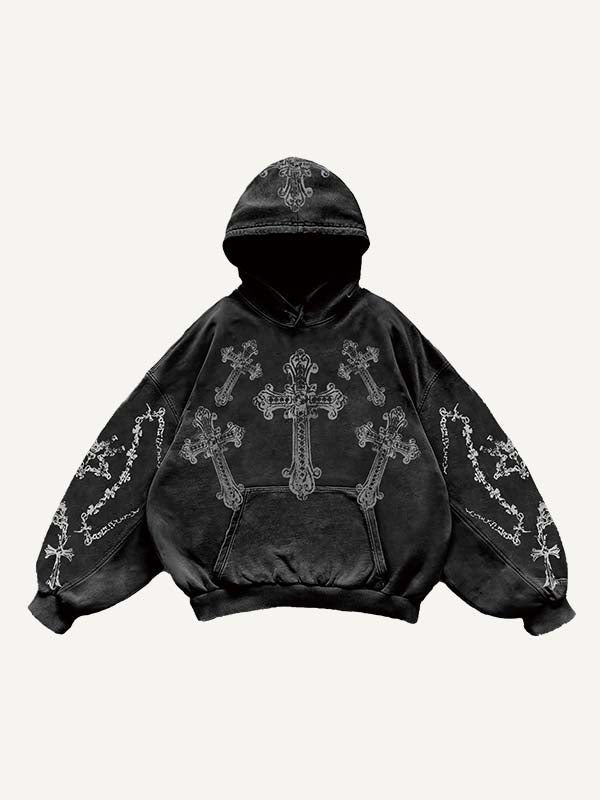 Figure&Cross&Letter Print Slant Pockets Hoodie