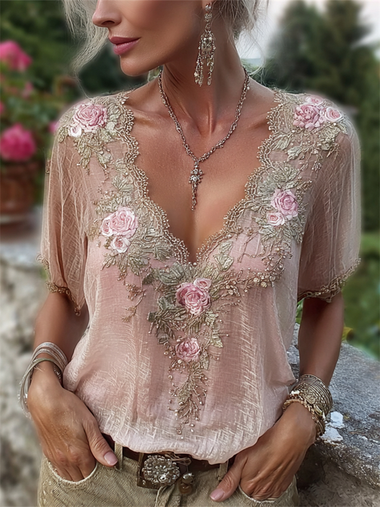Classy Pink Roses Beaded Lace Flowy Linen Tunic