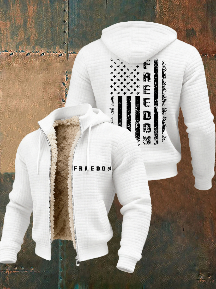 Men's Freedom  Flag Print Plush Zipper Hooded Jacket