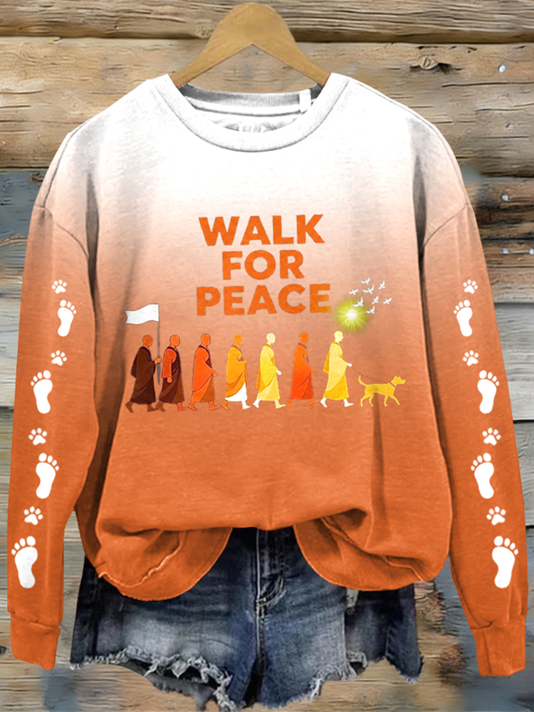 Women's Retro Walk For Peace Monks With Aloka Dog Gradient Print Sweatshirt