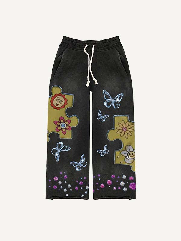 Sun&Floral&Butterfly Faux Rhinestones Print Elastic Waist Pants
