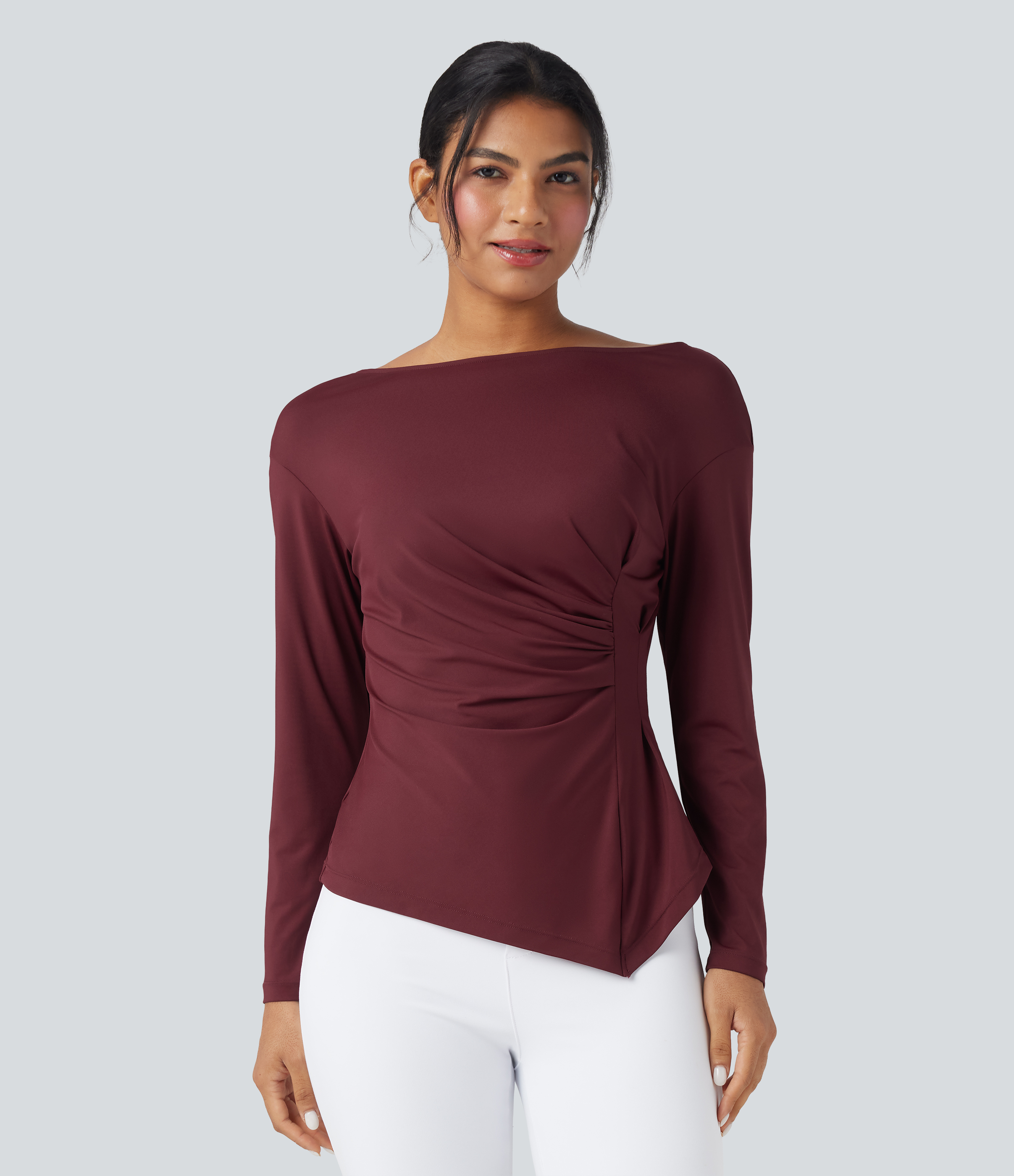 Boat Neck Long Sleeve Ruched Asymmetrical Hem Slim Work Blouse