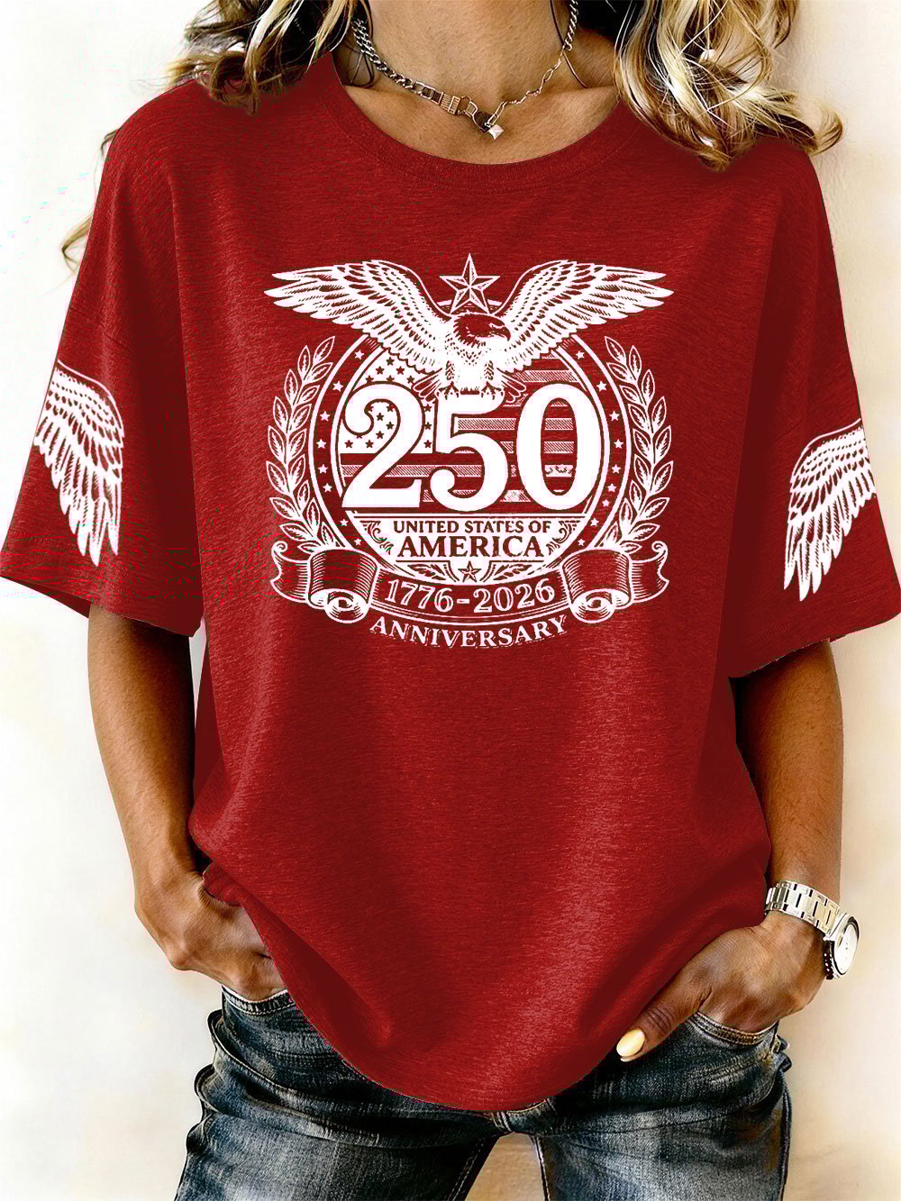 Women’s USA 250th Anniversary Embroidered Print Crew Neck Short Sleeve T-Shirt