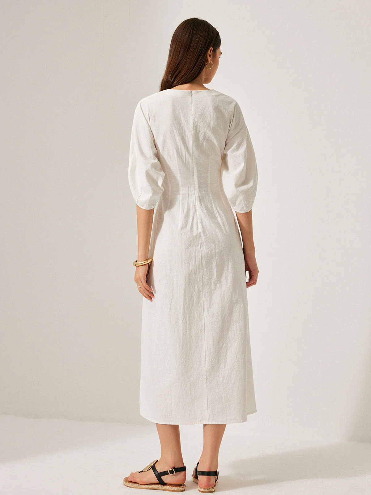 Cotton & Linen Puff Sleeve Dress Without Belt