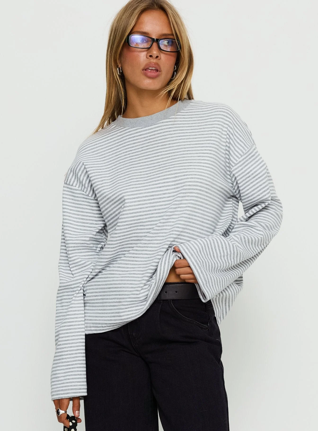 Settle Down Long Sleeve Top Grey / White Stripe