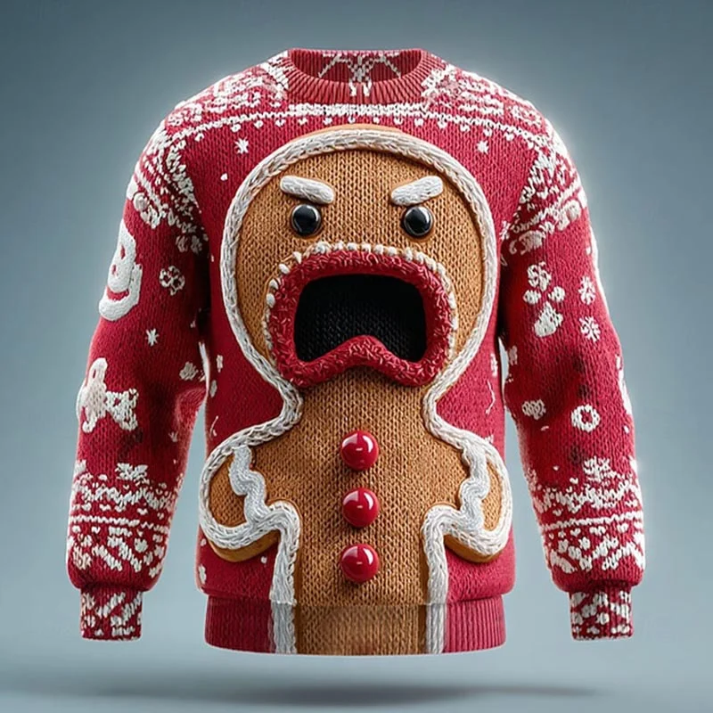 Men's Ugly Christmas Gingerbread Man Snowflakes Print Knit Sweatshirt