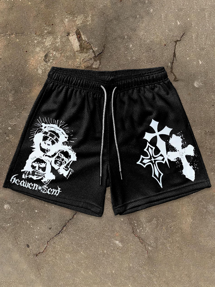 Heaven Sent Cross Art Graphic Casual Street Mesh Shorts