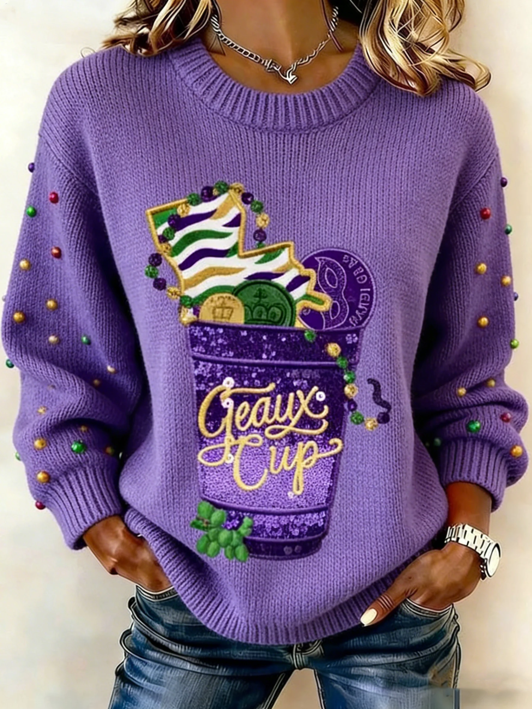 Women's Mardi Gras Purple Sequin Geaux Cup Print Knit Sweater