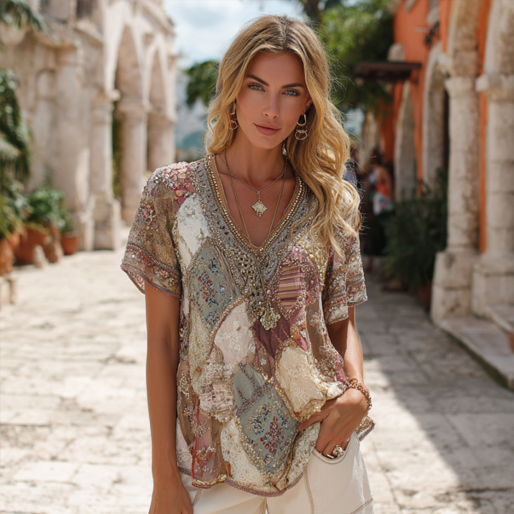 Vintage Bohemian Floral Fresh V-neck Short-sleeved Top