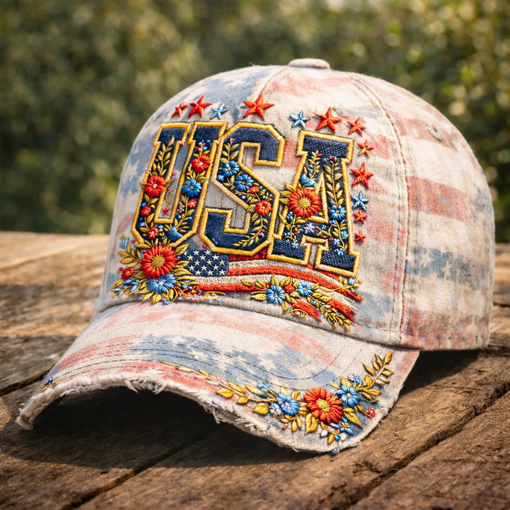 Vintage USA Floral Embroidered Distressed Baseball Cap – American Flag Patriotic Hat