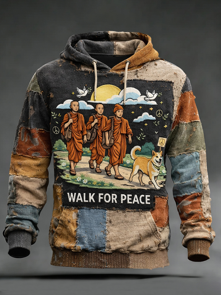 Walk For Peace Love In Every Step Artistic Print Distressed Hoodie