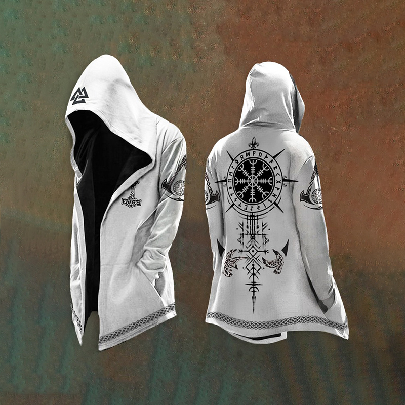 Men's Vikings Raven Totem Vintage Printed Hooded Jacket