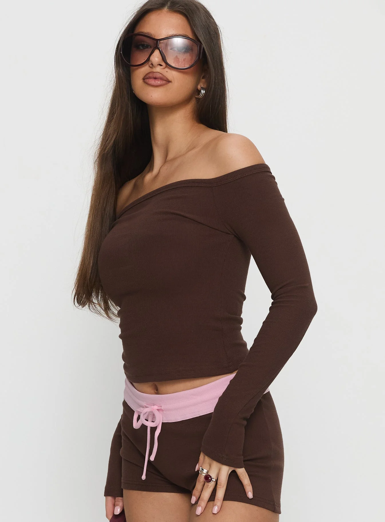 Baseline Off Shoulder Top Brown