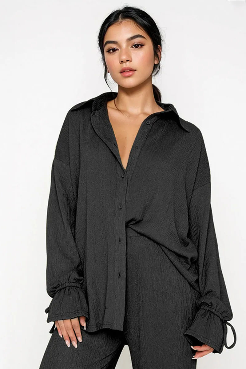 Commuter Solid Collared Tie-Up Long Sleeve Button Shirt & Wide Leg Trousers Co-ord