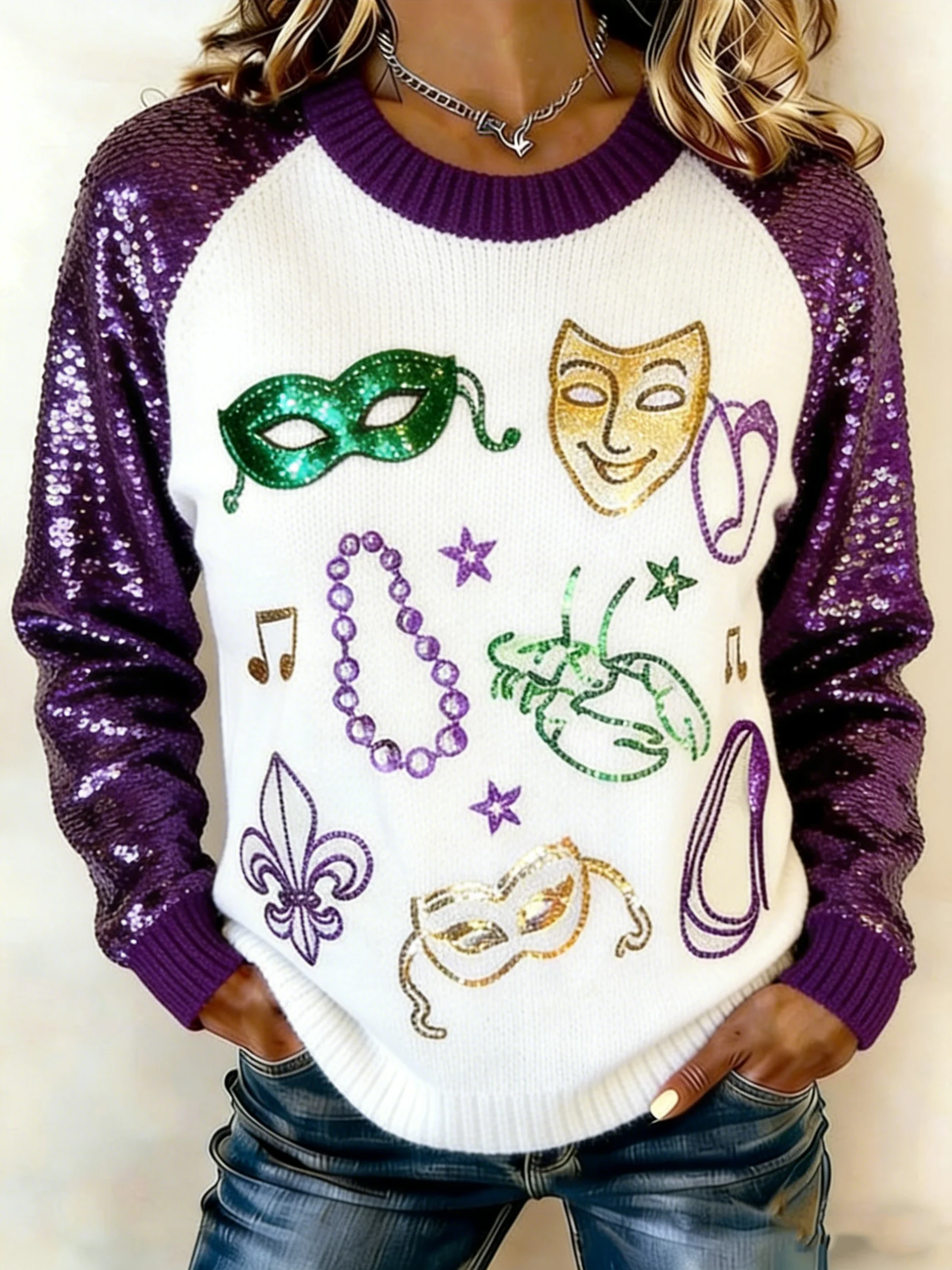 Women's Sequin Mardi Gras Elements Print Knit Sweater