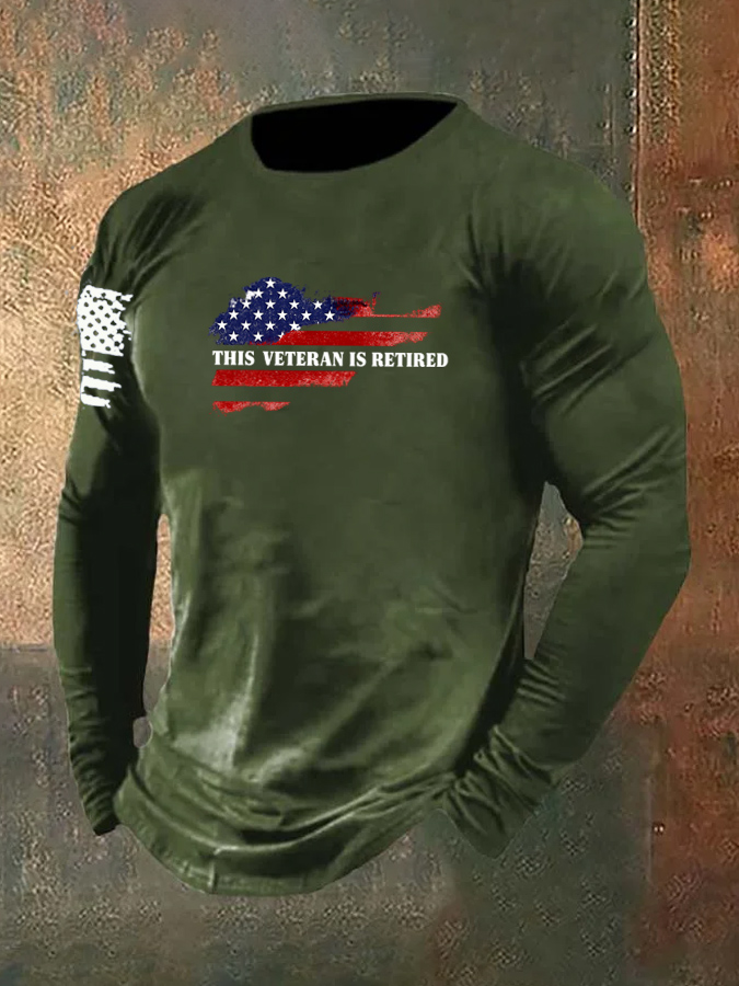 Men's This Veteran Is Retired Pattern Long Sleeve 100% Cotton T-Shirt