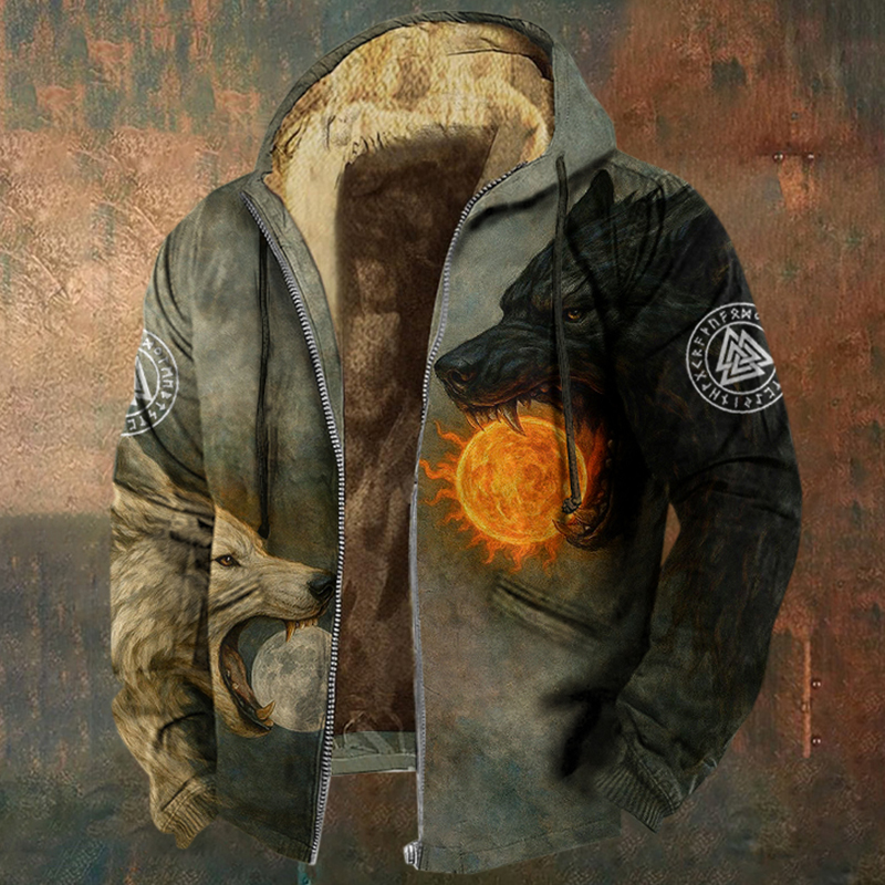 Men's Retro Viking Wolf Pattern Casual Zip-up Jacket