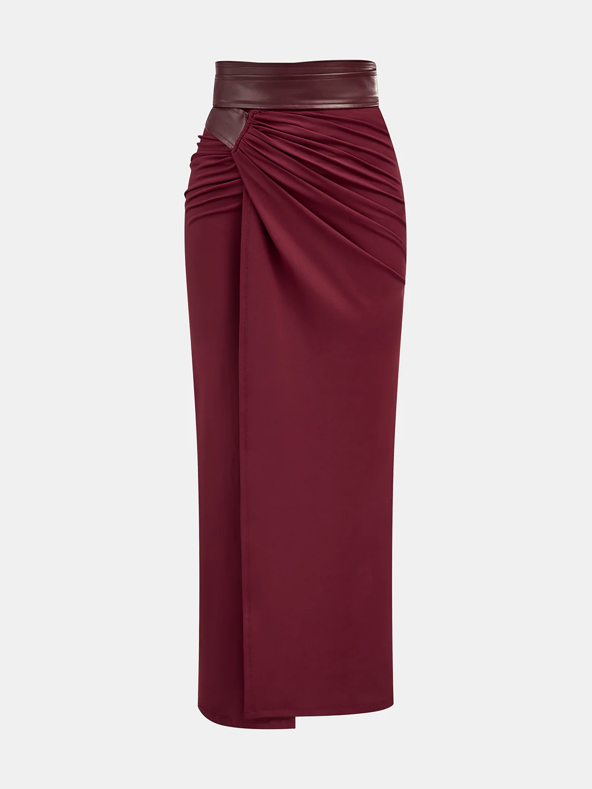 Faux Leather Panel Ruched Midi Skirt