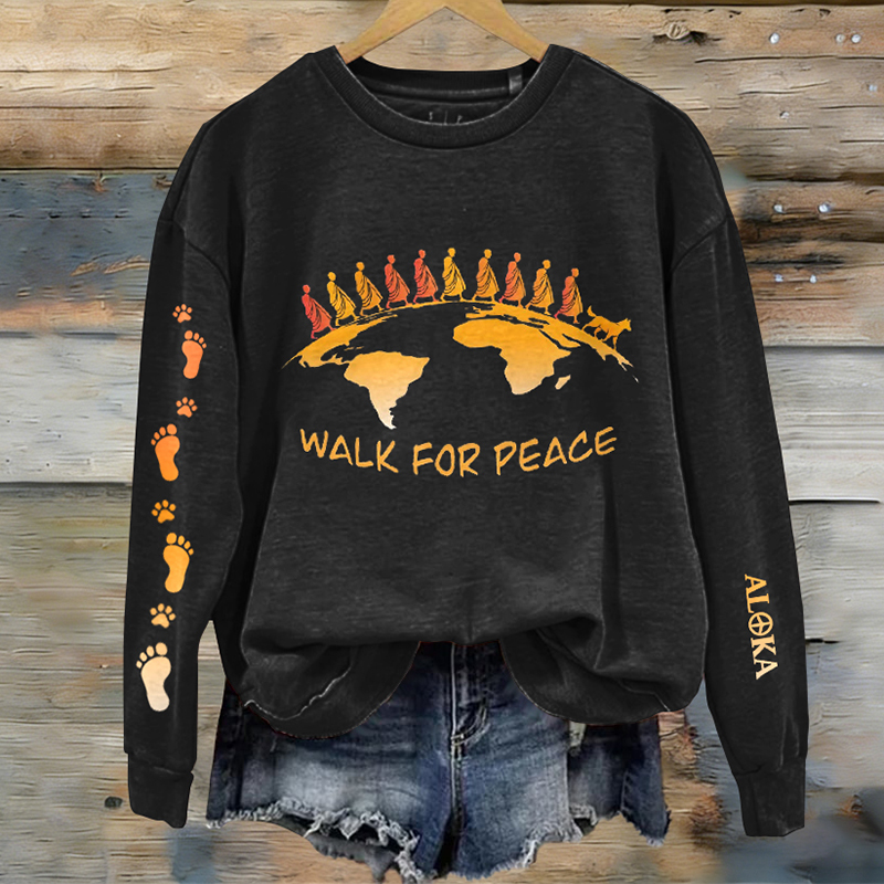 Women's Retro Walk For Peace Monks With Aloka Dog Print Casual Sweatshirt