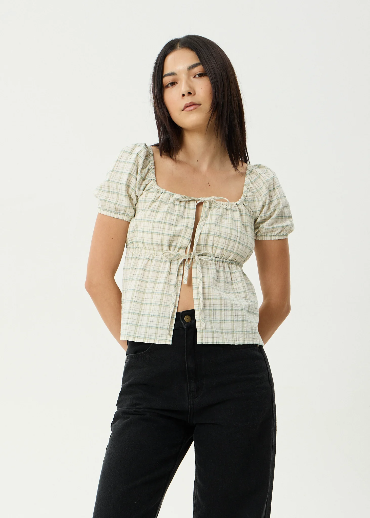 AFENDS Womens Legacy - Seersucker Tie Front Top - Boa Check