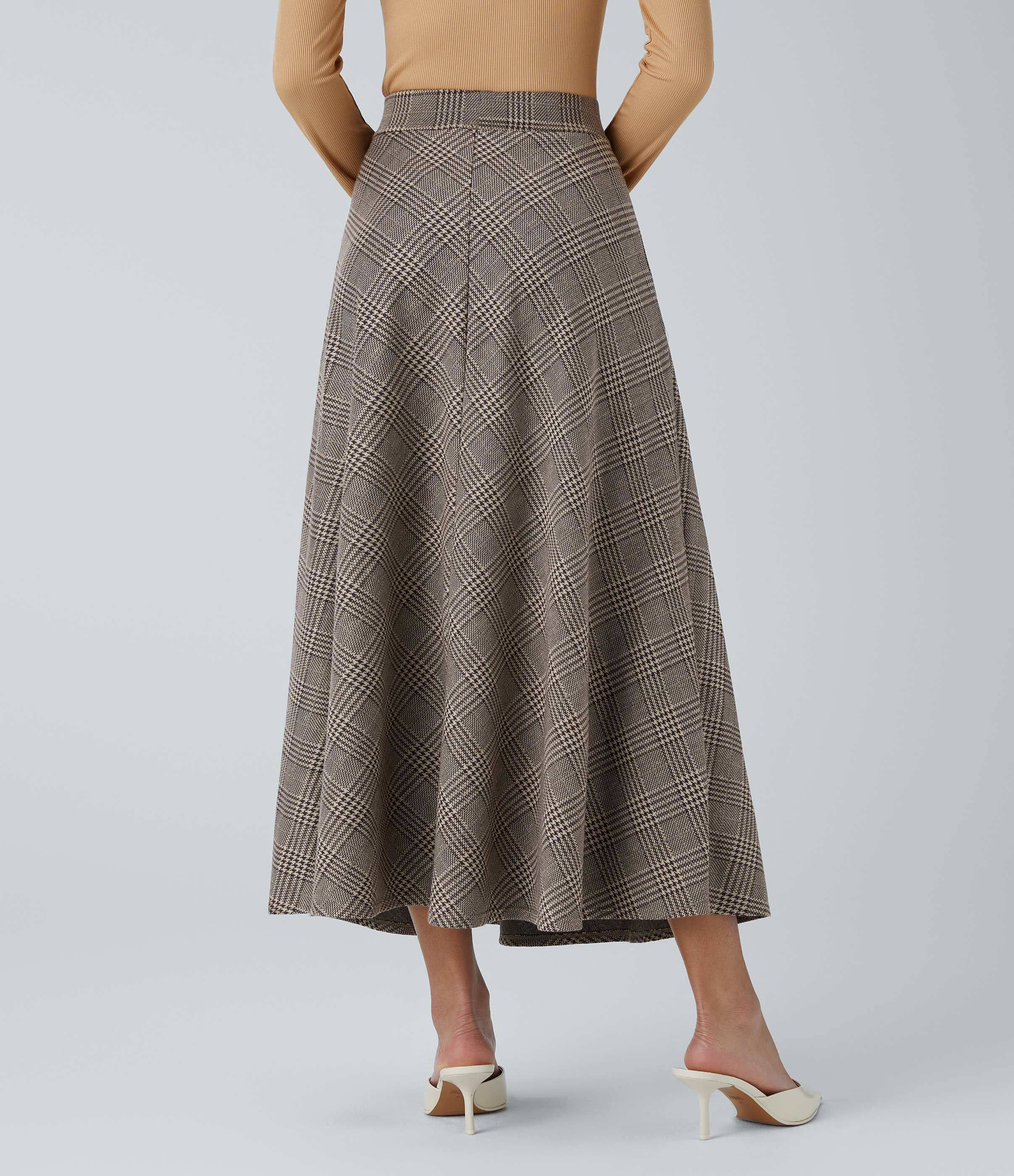 High Waisted Pocket Houndstooth Plaid Flare Midi Casual Skirt