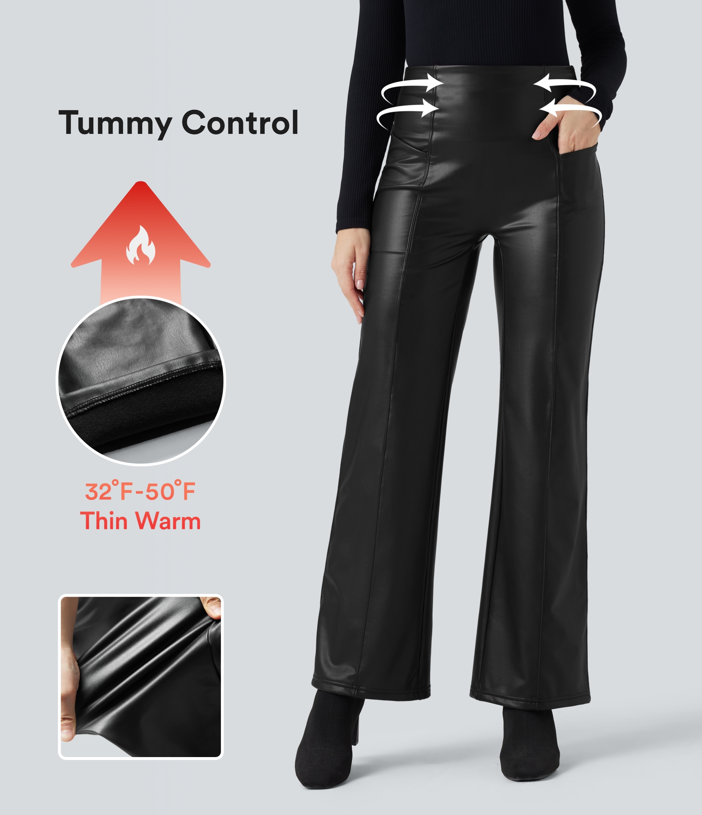 High Waisted Tummy Control Stretchy PU Fleece Casual Flare Pants with Pockets