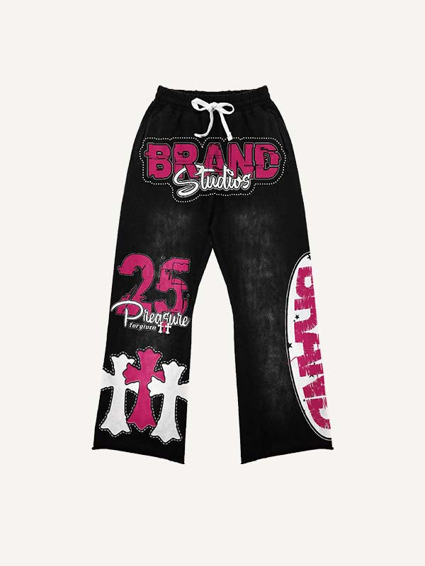 Cross&Letter Faux Decal Print Elastic Waist Pants