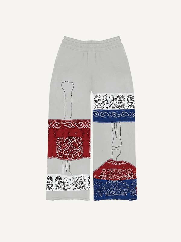 Colorblock Skeleton&Paisley Print Elastic Waist Pants
