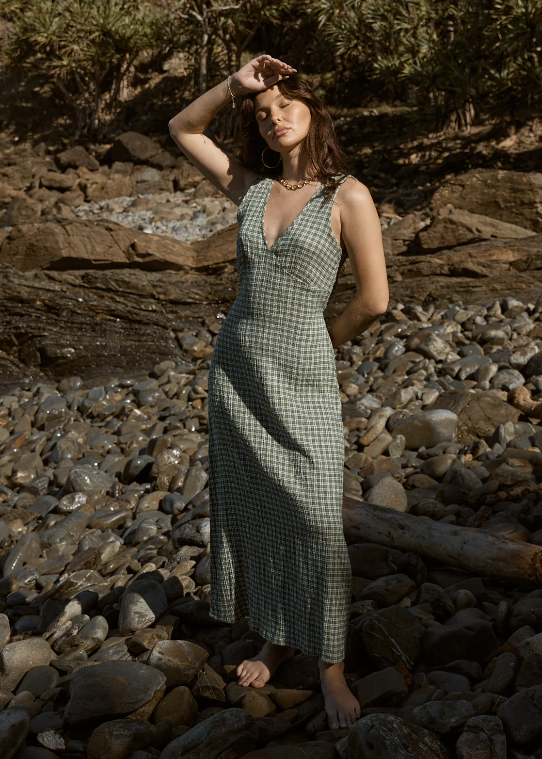 AFENDS Womens Base Tully - Seersucker Maxi Dress - Deep Green Check