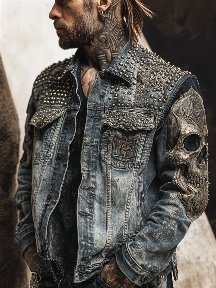 Men's Rock Style Skull Studded Washed Denim Jacket