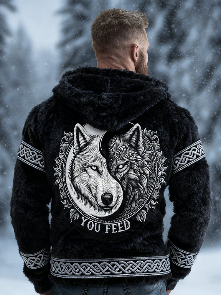 Men's Viking Tribal Jacquard Celtic With Yin-yang Wolf Inspired Art Plush Warm Zipped Hooded Jacket