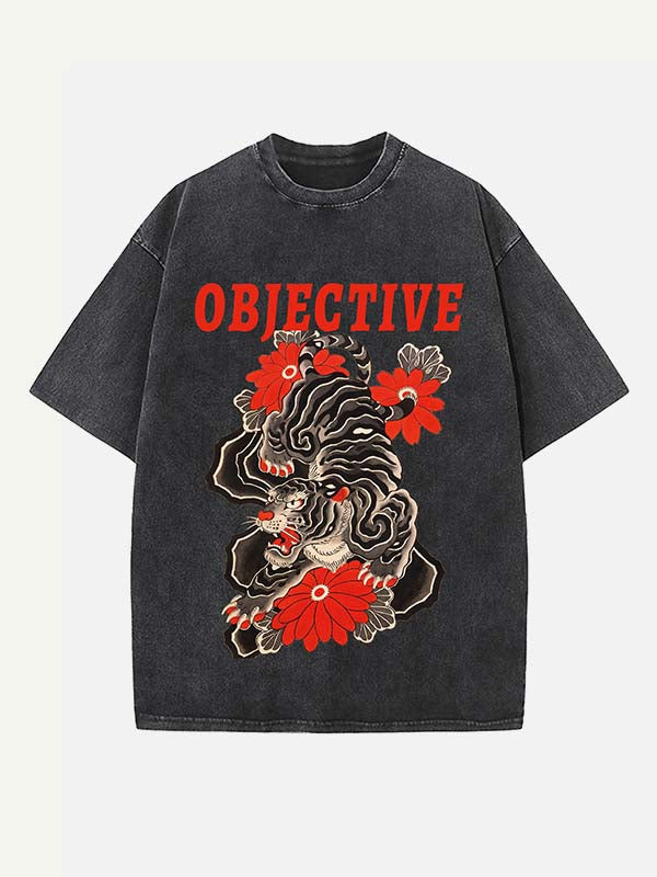 Distressed Washed Tiger&Floral&Letter Print Round Neck T-shirt