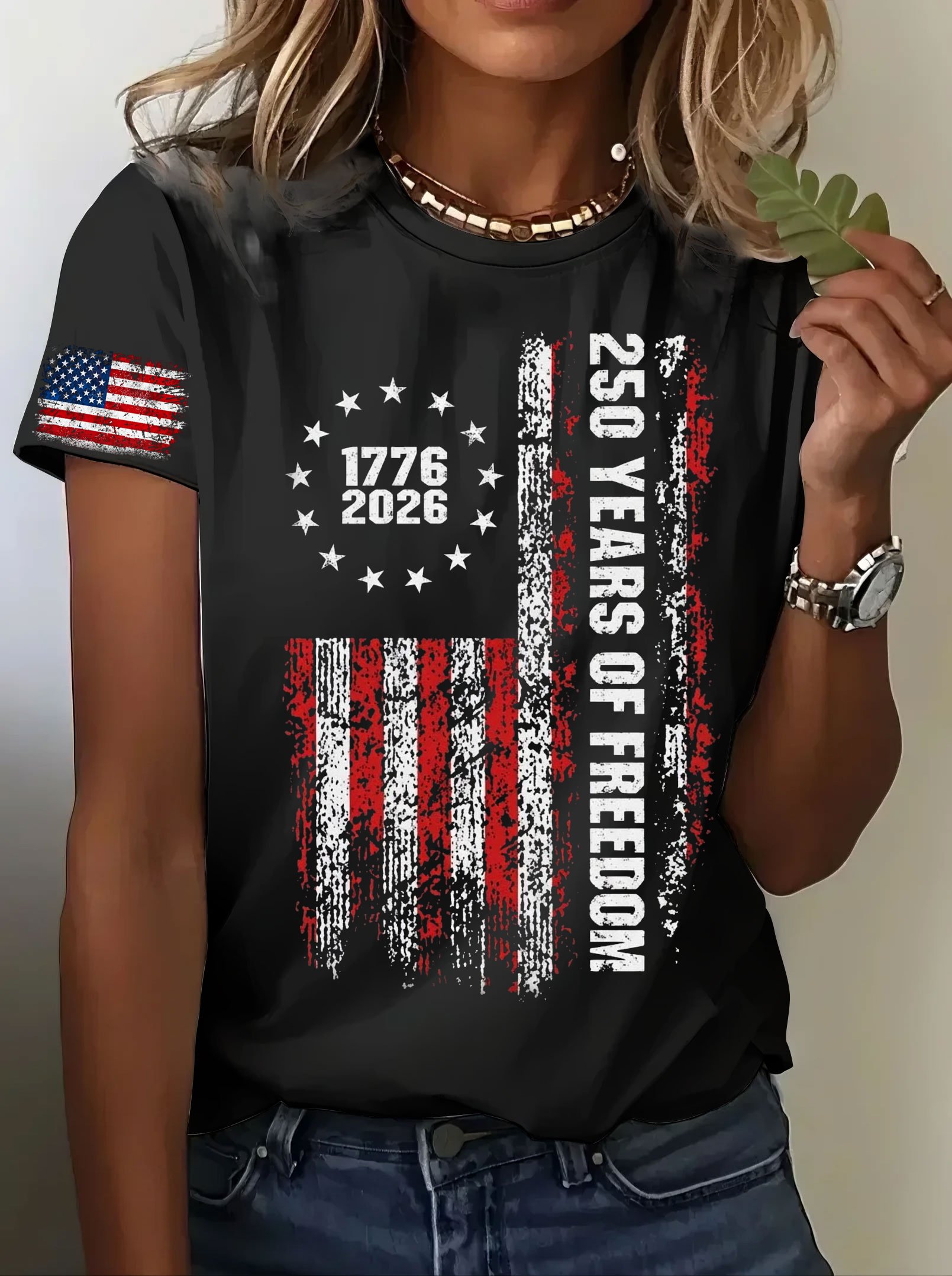 Women’s USA 250th Anniversary Embroidered Print Crew Neck Short Sleeve T-Shirt