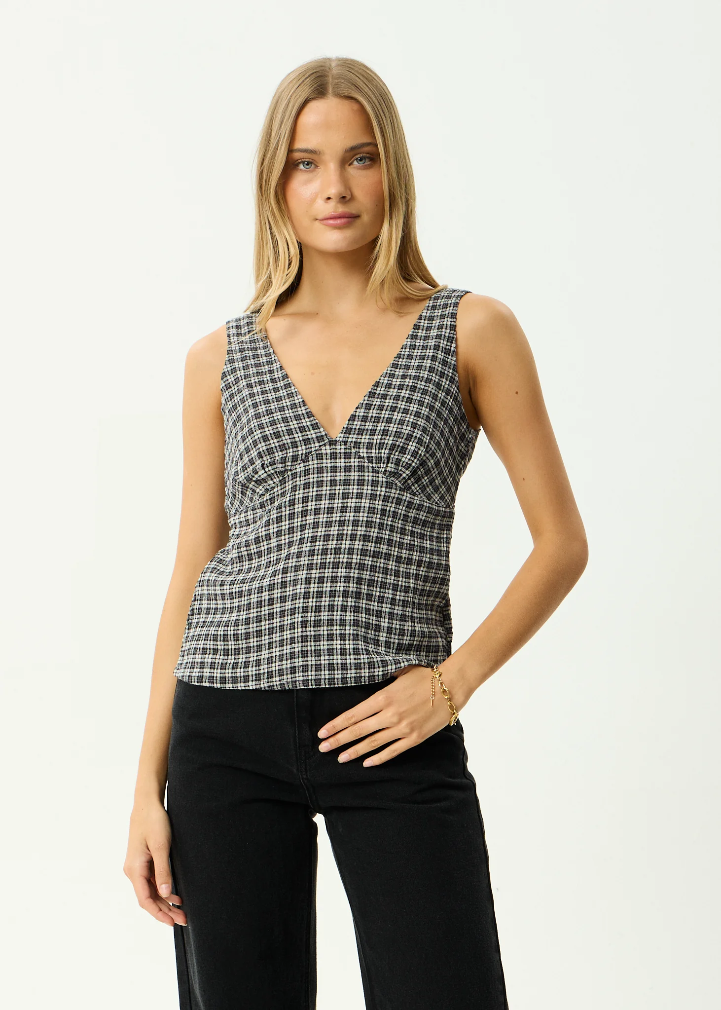 AFENDS Womens Giselle Asta - Seersucker Top - Steel Check