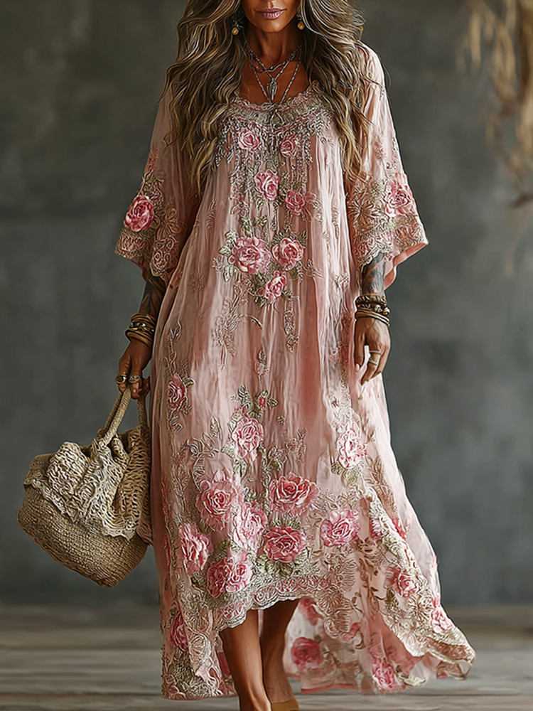 Women's Floral Art Flowy Linen Blend Casual Long Sleeve Maxi Dress