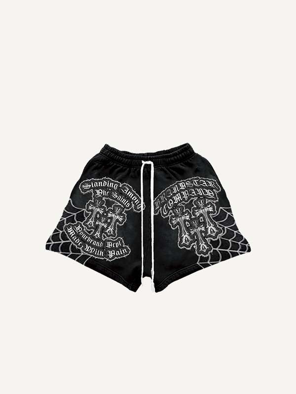 Spider Web&Cross&Letter&Graphic Faux Decal Print Drawstring Waist Shorts