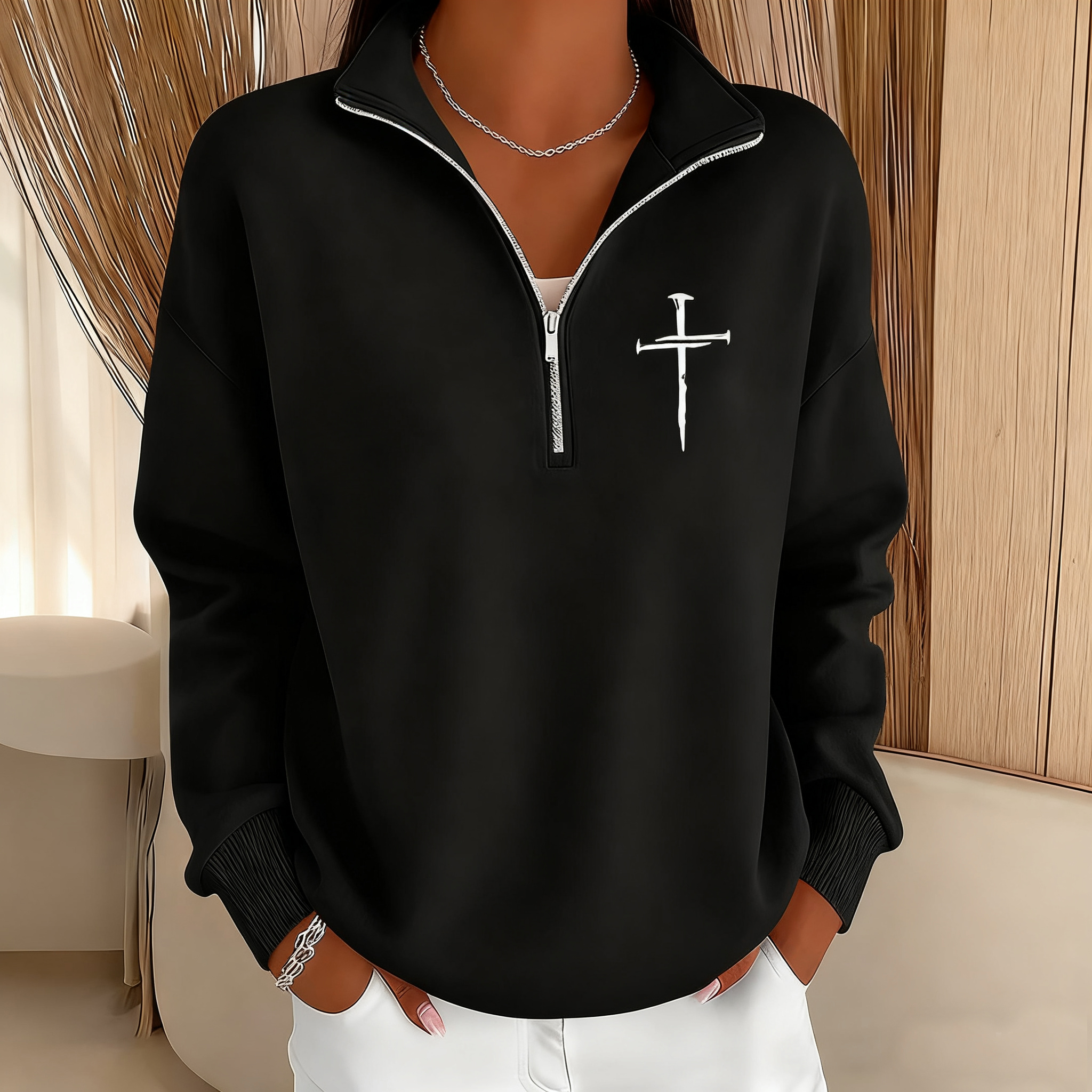 Women's Retro Faith Cross Design Printed Zipper Stand Collar Sweatshirt