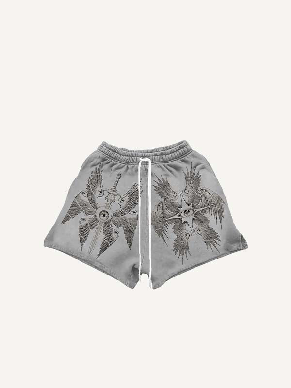 Wing&Eye&Graphic&Sword Print Drawstring Waist Shorts