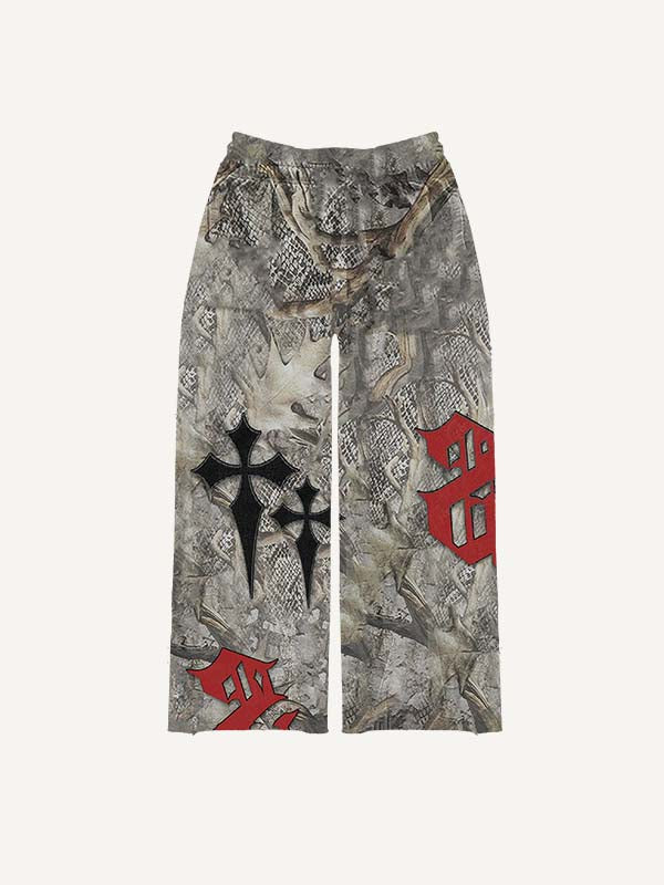 Cross&Letter&Branches Print Elastic Waist Pants