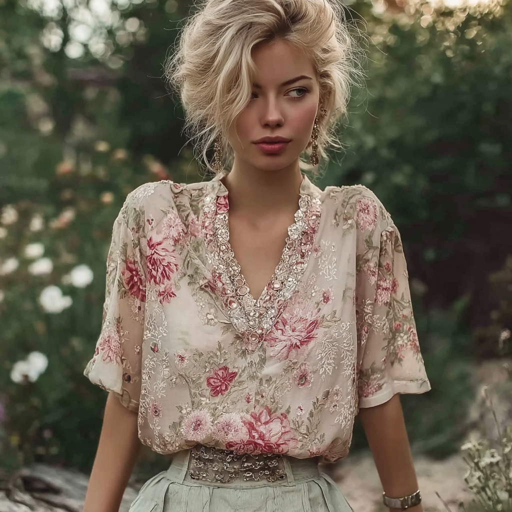 Bohemian Retro Countryside Style Plant Flower Design Cotton And Linen Women's Short-sleeved Shirt