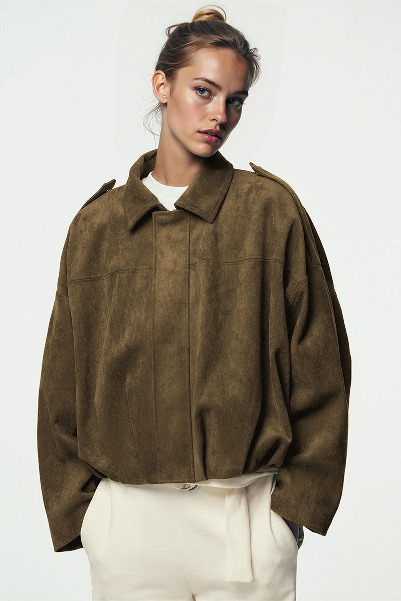 KatchMe Vintage Oversized Suede Zipper Cropped Bomber Jacket