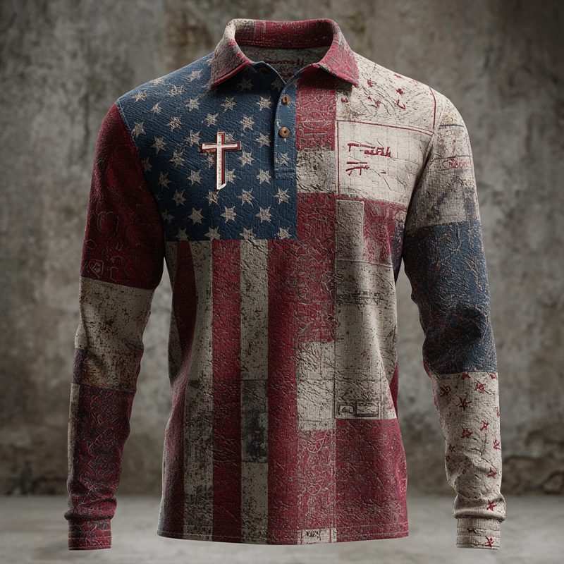 Faith Vintage American Flag Patchwork Print Long Sleeve Polo Shirt